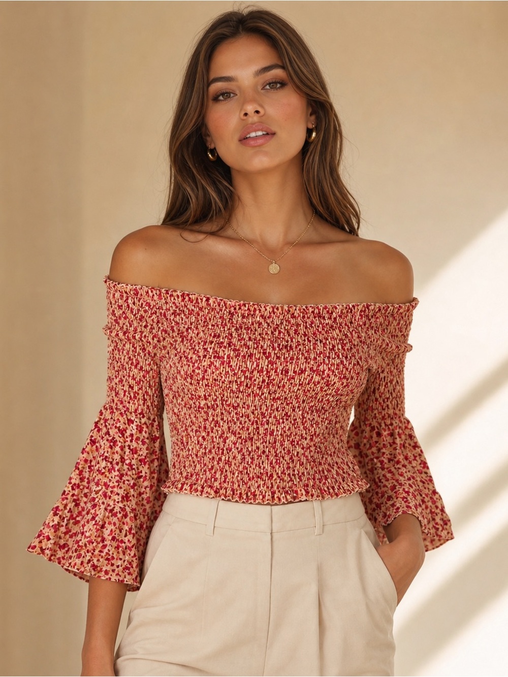 Poupette St. Barth Red Floral Smocked Blouse - Picture 3 of 13